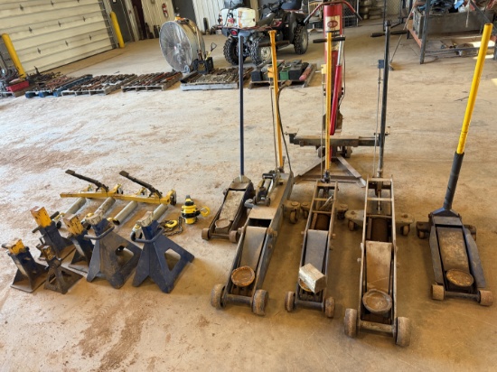LOT OF (7) 2-TON TO 20-TON FLOOR JACKS, (1) 1-1/2 TON CHAIN HOIST, (2) DAYTONA WHEEL DOLLEYS, (6) 10