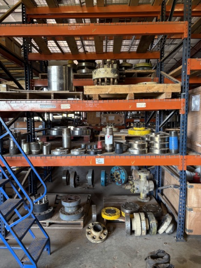 Contents of (3 shelves) w/ assorted stainless steel landing flanges, 4-1/16 5k SS cross, DSAs, pipe