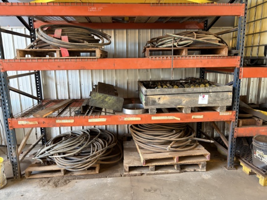 Contents of (5 shelves) w/ hydraulic hoses, (150+) stud bolts, 275 gallon tote, oil drum, etc