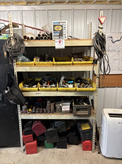 4 x 2 x 6 shelving w/ assorted test pump gauges, needle valves, hydraulic fittings, packing/seals, t