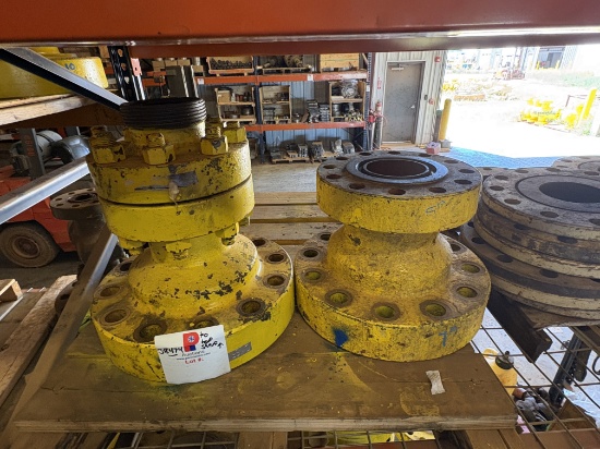 (3 shelves) w/ 6-pallets of assorted 7 10m blind flanges, 7 x 4 spools, & (1) single stud adapter