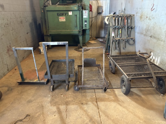 A-frame tool rack w/ assorted hammer wrenches, (4) wagons/tool carts, & bottle dolly w/ cutting torc