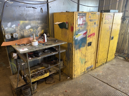 40 x 32 x 40 shop table & (2) paint storage cabinets w/ contents