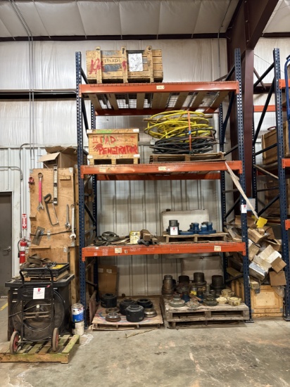 Contents of (4 shelves) w/ assorted weco flanges, stud bolts, gate valve handles, casing hangers, et