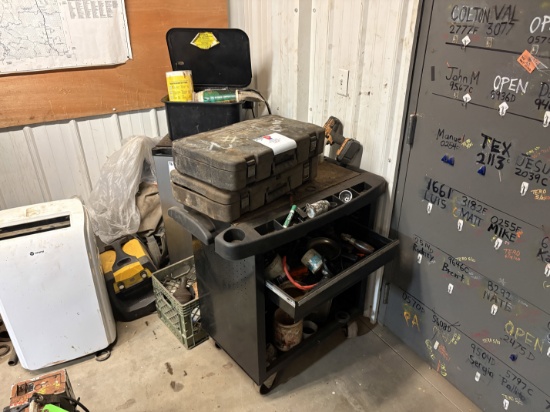 34 x 18 x 33 tool cart w/ contents, kenmore mini fridge, (2) alemite electric grease guns