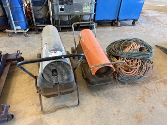 (2) DIESEL FIRED PORTABLE HEATERS, EXTENSION CHORDS, HEATER HOSE