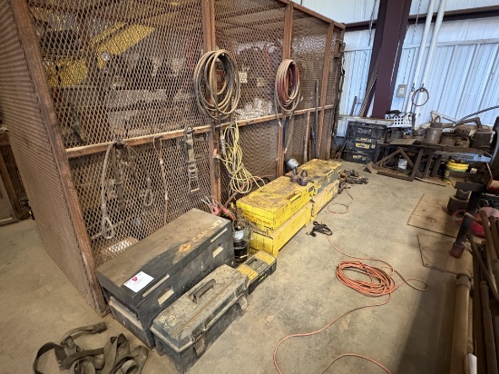 Lot w/ (3) job boxes w/ contents, trailer hitches, air & hydraulic hoses, safety harnesses, ladders,