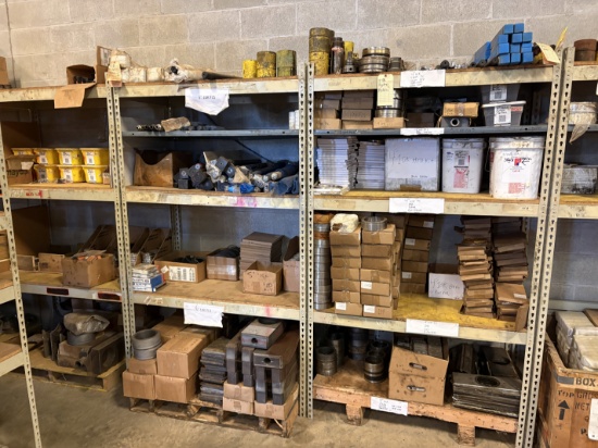 (4) sets of shelving w/ assorted frac valve/gate valve parts