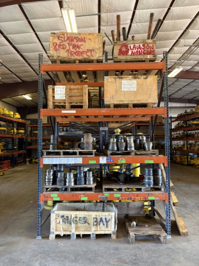 8.5 x 4 x 14 pallet rack shelving w/ (9 pallets) of assorted bop tubing hangers