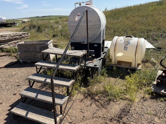 (1) TANK WORKS 330-GALLON POLY TANK, 7x4.6x1.6 CONTAINMENT, STAIRS. & (1) 130-GAL POLY TANK