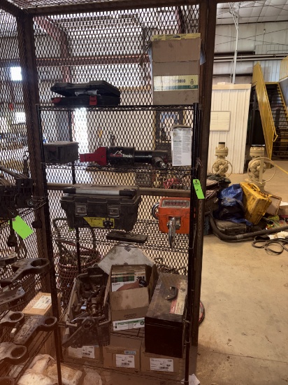 Shelving w/ zenith digital crane scale, Roark tools pneumatic impact, tap & die set,etc.