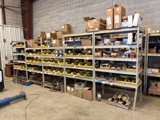 (5) sets of shelves w/ assortment of valve parts, hangers, esp connections, o-rings, & rubber seals