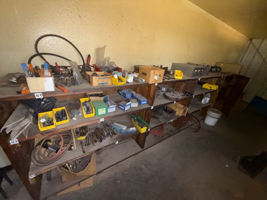 16x2x4 3-ROW WOOD SHELF W/ CONTENTS OF TAPS, CHUCKS, CUTTING TOOLS, & RELATED