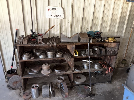 WALL W/ 3-ROW WOOD SHELF & CONTENTS OF MILLING MACHINE FIXTURES, ADAPTERS, & RELATED