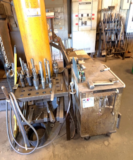 SECTION OF (4) TOOL RACK/ TABLES / ROLLING / CART W/ CONTENTS OF RADIAL ARM DRILL PRESS TOOLING & R