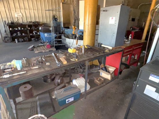 SECTION W/ (2) WORK BENCHES, SMALL METAL CABINET INCLUDING CONTENTS OF MACHINE CUTTING TOOLS, SOME H