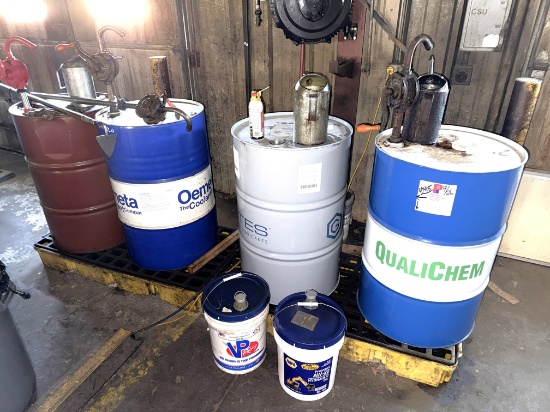 SECTION W/ 4- 55 GAL DRUMS & 5-Gal Pails MOSTLY FULL OF MACHINING COOLING LUBRICANTS W/ HAND PUMPS &