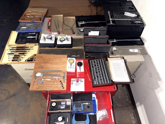 SECTION OF (6+) OD MICROMETERS , (7+) DEPTH GAUGES, GAUGE BLOCKS & ARMS, (4) DRAWER ROLLING TOOLBOX