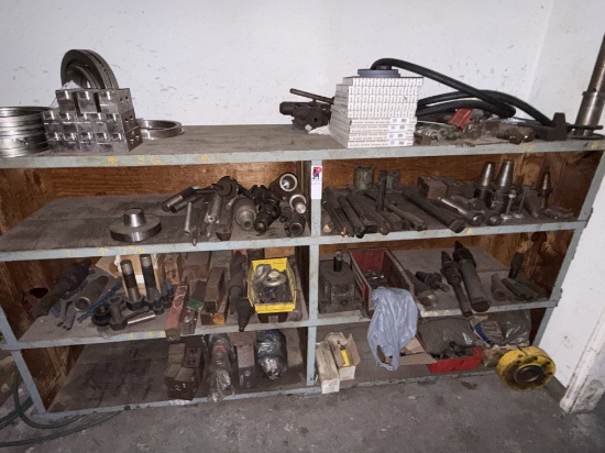 8x2x4 3-ROW WOOD SHELF W/ CONTENTS OF CUTTING TOOLS, DRILL BITS & CHUCKS, MACHINING RELATED ADAPTERS