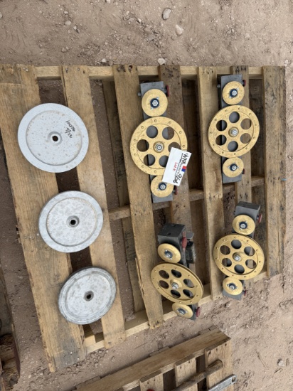 PALLET W/ (4) HALLIBURTON WIRELINE MEASURING ASSEMBLIES & (3) MEASURING WHEELS