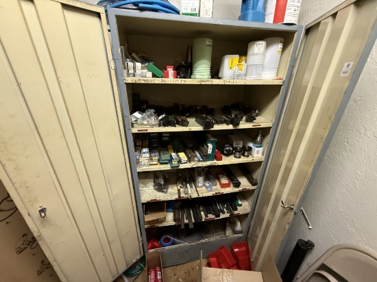 ROOM W/ SHELVES & (2) DOOR CABINET INCLUDES (100+) MACHINE CUTTING TOOLS, SUPPLIES, SPARE PARTS, & R