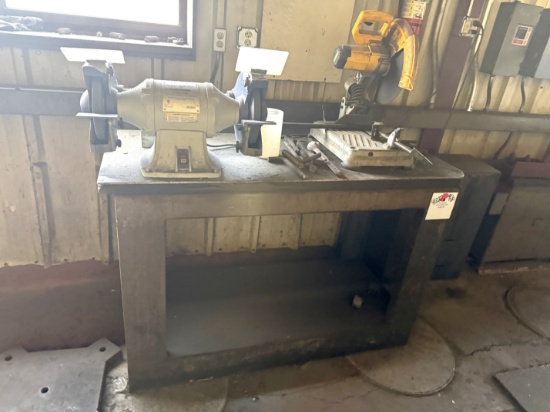 LOT W/ (1) PALMGREN 10 BENCH GRINDER, (1) DEWALT 14 CHOPSAW, & 5x2x3 WORK BENCH