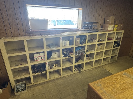 36 bin shelving unit w/ contents