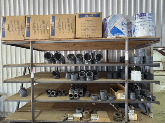 Contents of (5) shelves w/ U-line oil spill pads, various 2 to 4 PVC pipe fittings, etc.