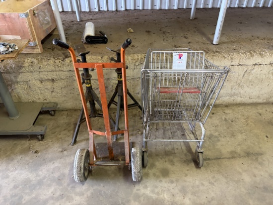 (2) adjustable height pipe stands, (1) 2-wheel dolly, & (1) shopping cart