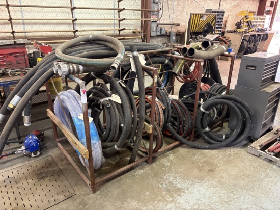 8 x 4 x 4 rack w/ assorted vacuum, hydraulic, & rubber hoses