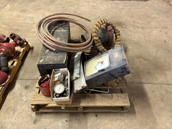 Pallet w/ Barton chart recorder, Larkin stripper head, wooden toolbox, etc.