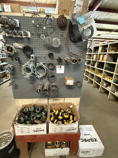 End Cap Section Of (50+) Zspec 2 Fig 100 Pipe Unions & Peg Board W/ Various Steel Clamps
