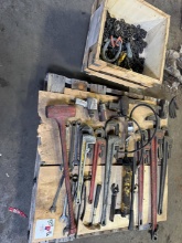 PALLET & SMALL CRATE W/ RIGID PIPE WRENCHES, AIR IMPACTS, SLEDGE HAMMERS, & LIFTING CHAINS