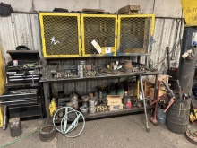 8L x 3W x 3.4H HD STEEL SHOP TABLE W/ VICE , CUSTOM REAR STORAGE CABINET, ROLLING TOOLBOX, & ALL CO