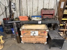 6L x 3W x 3.4H SHOP TABLE, BARREL W/ PIPE WRENCHES & CHEATER PIPES, INCLUDES ALL CONTENTS
