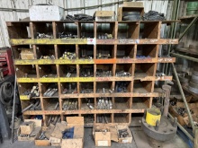 48-BIN WOOD SHELVING UNIT W/ CONTENTS OF (400+) VARIOUS SIZE STUDS & NUTS