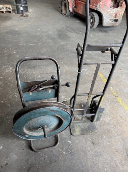 LOT W/ STRAPPING CART, 2-WHEEL DOLLY, & STRAPPING CONTENTS