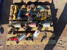 Pallet of assorted pneumatic paint sprayers, air chisel w/ 9pc chisel set, & paint accessories