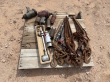 Pallet w/ (6) chain binders & assorted pneumatic tools