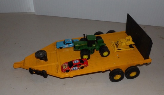 Ertl Trailer, 2 Hot Wheel Cars, Hot Wheel Dozer (No Tracks), JD Ertl Tractor