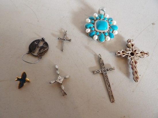 Assorted Jewelry- 4 Necklace Crosses, Rhinestone Pendant, Bird Pin