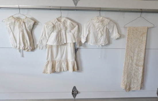 Lace Table Cloth, Old Children's Clothes (2 Shirts, Dress)