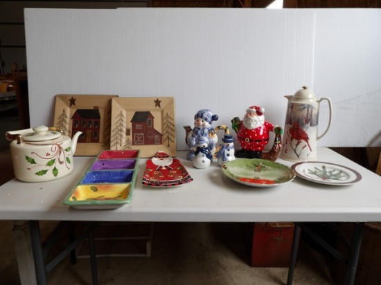 Assorted Christmas Dishes, Tea Pot, Pitcher