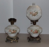 Lamps w/Flower Design (one missing globe & Chimney)