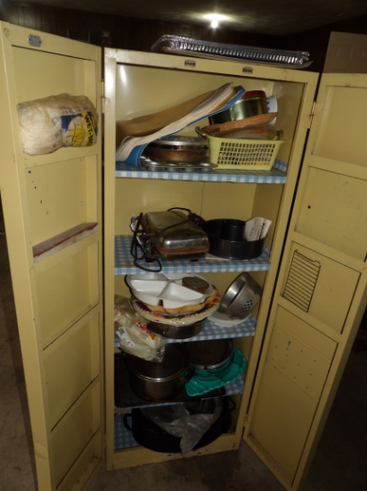 Metal Cabinet w/Pots, Pans, and Misc