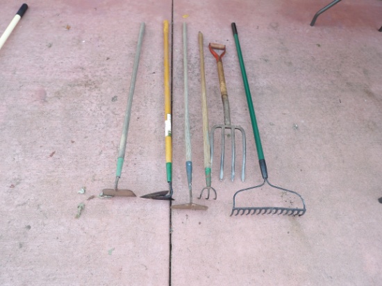 Potato Forks, 3 Hoes, 2 Rakes