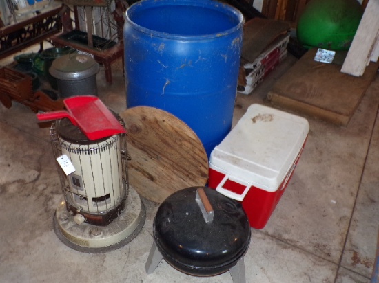 Kerosene Heater, Grill, Cooler, & Plastic Barrel