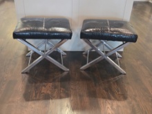 Pair of modern black faux crocodile leather ottomans