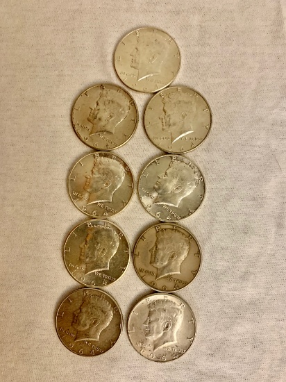 Lot of 9 1964 90% Silver Kennedy Half Dollars