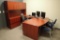 U-shaped Desk w/ Overhead, Modified Credenza, Task Chair, 2 Side Chairs and Coat Tree.